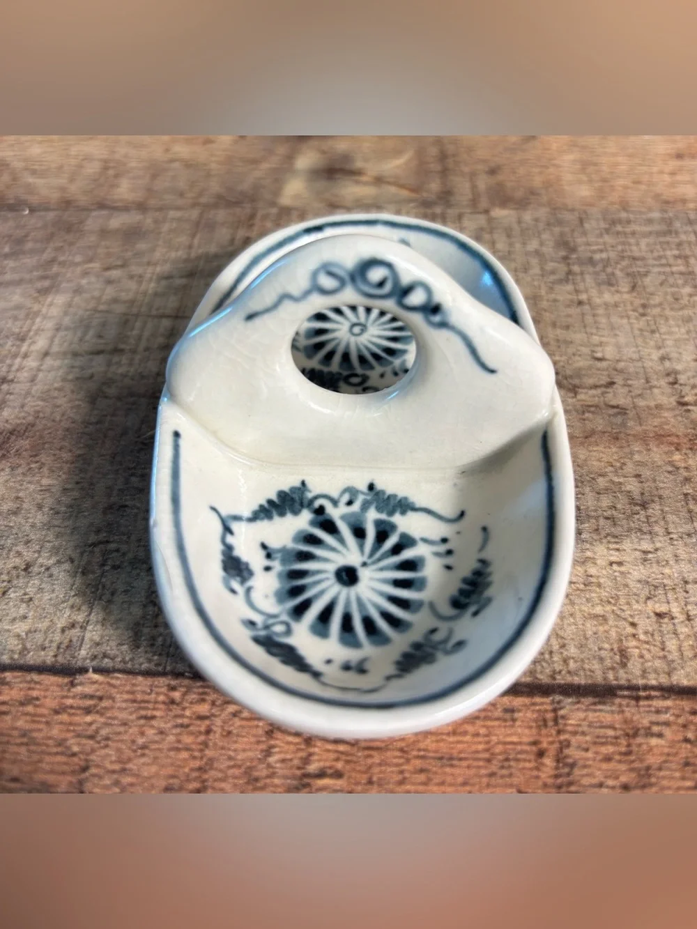 World Market Hand Paint Blue & Creamy White Ceramic Ring Jewelry Trinket Dish